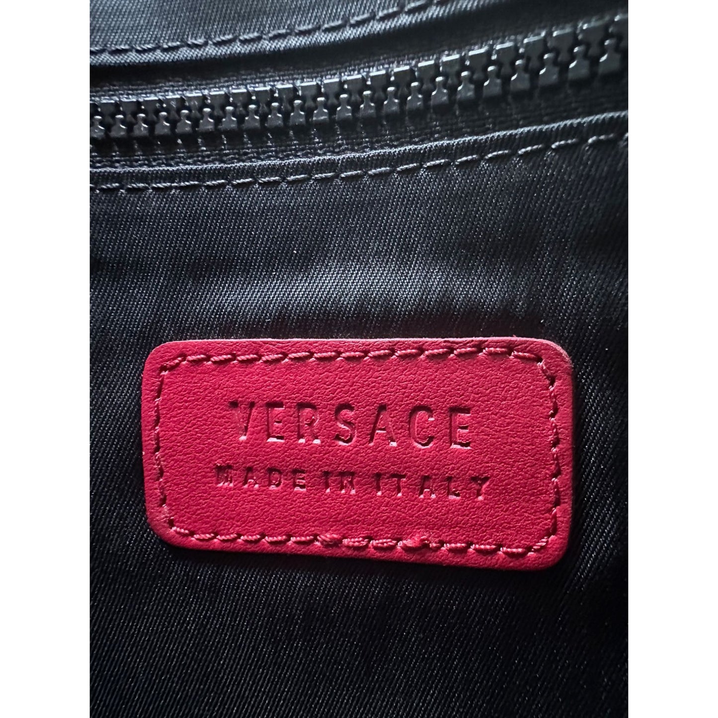 Versace Large Red Logo Print Leather Wristlet Clutch