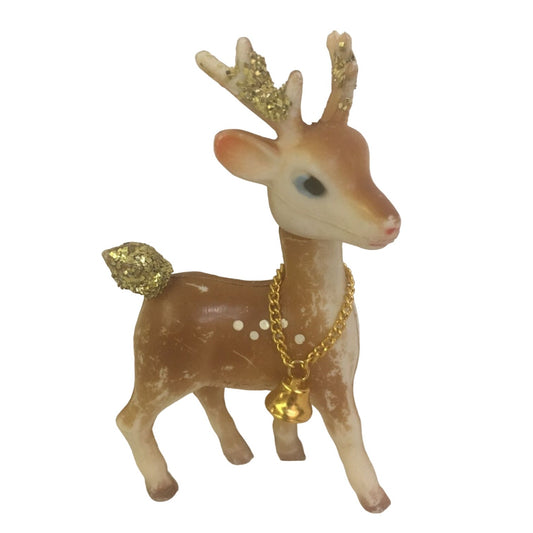 Vintage Plastic Swivel Head Small Miniature reindeer Figurine Wearing Bell Necklace