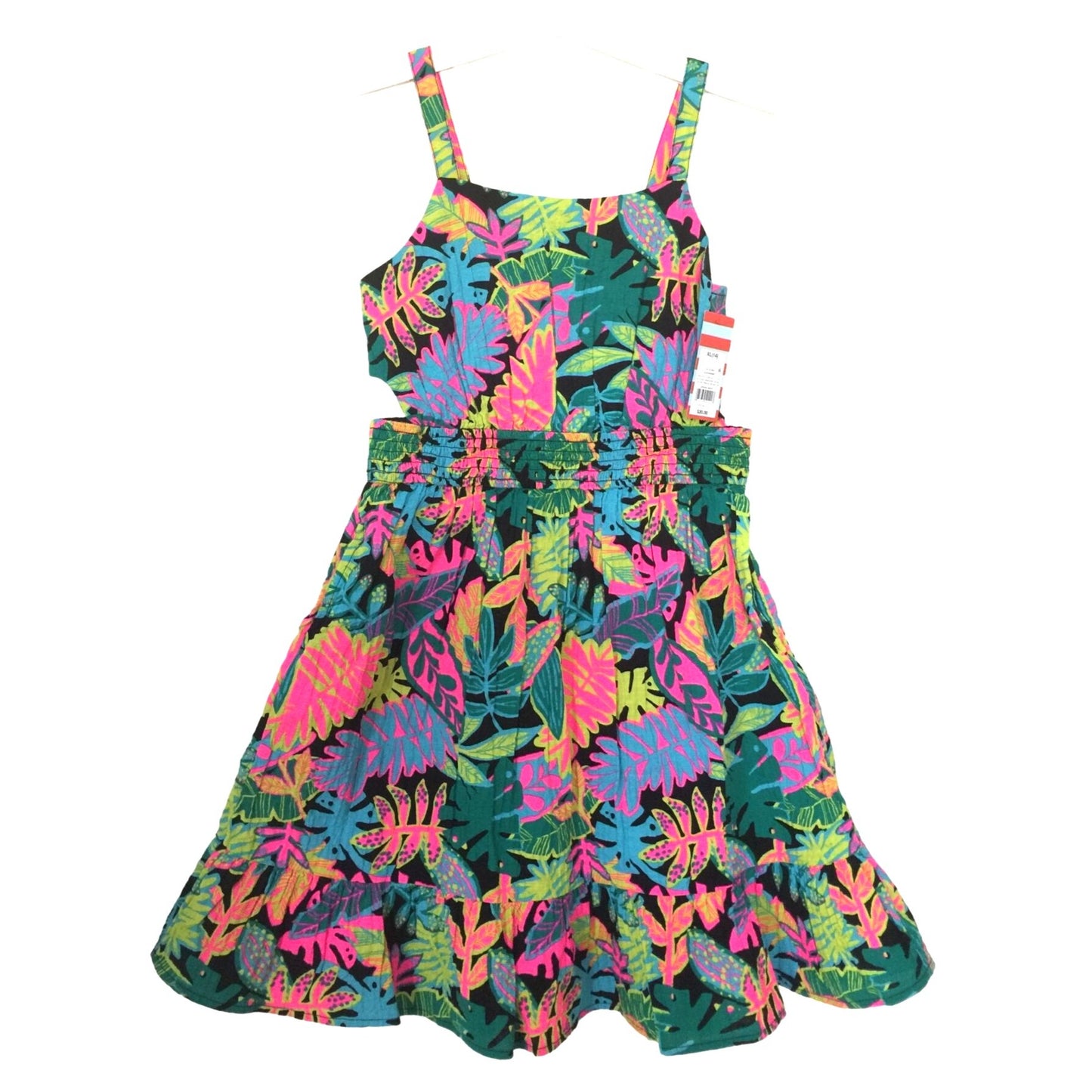 Girls Sundress - Tropical Foliage Print Dress - Black w Bright Colors Small Cutouts at Waist - M (8-10)