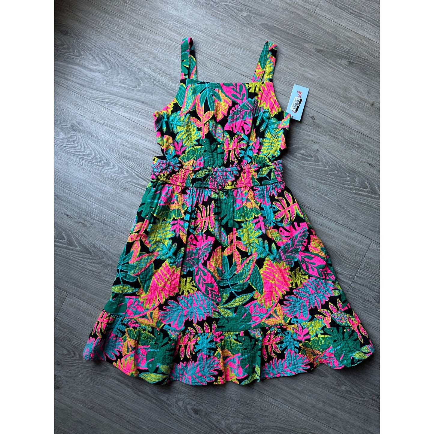 Girls Sundress - Tropical Foliage Print Dress - Black w Bright Colors Small Cutouts at Waist - M (8-10)