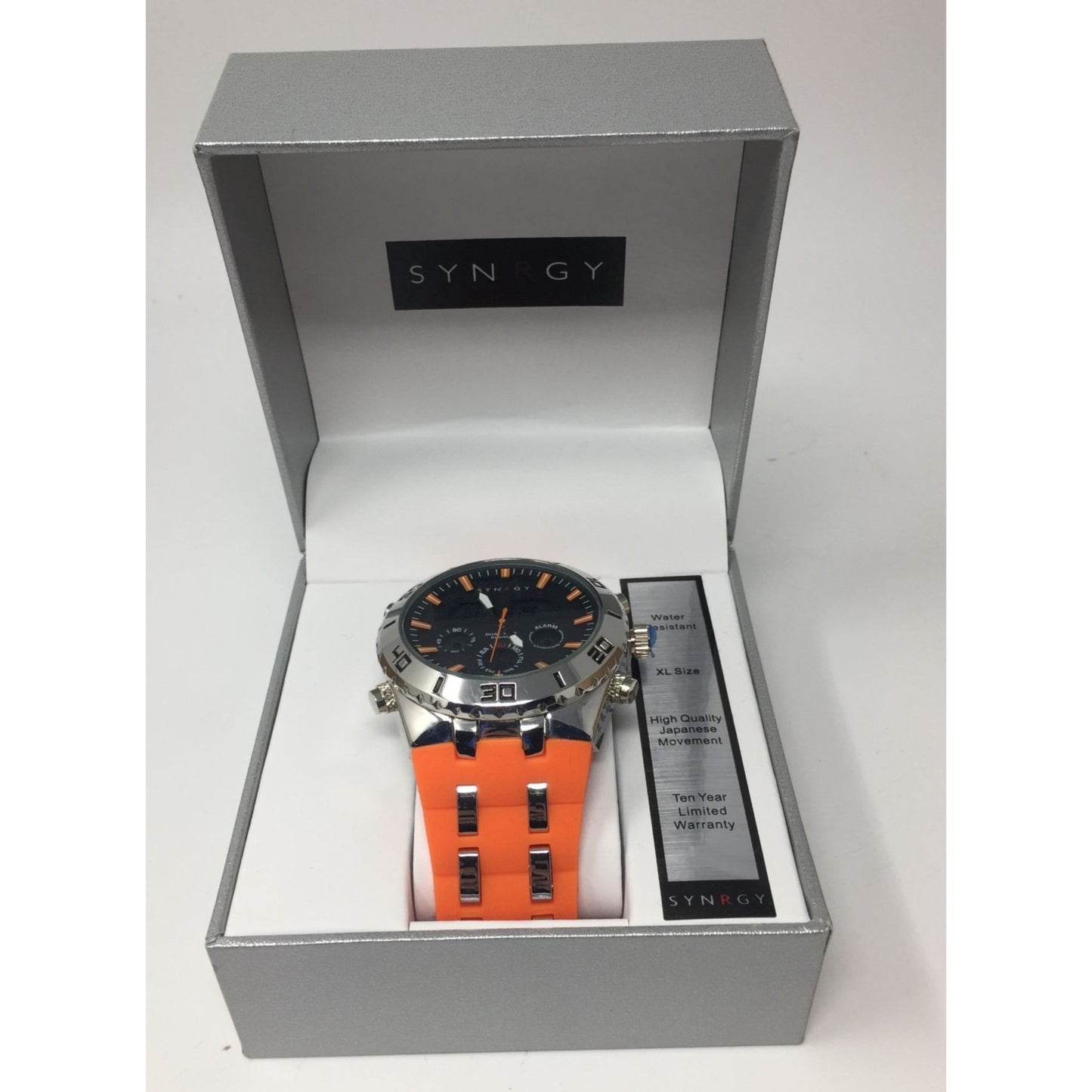 SYNRGY Mens XL Water Resistant Orange Band Watch in Box