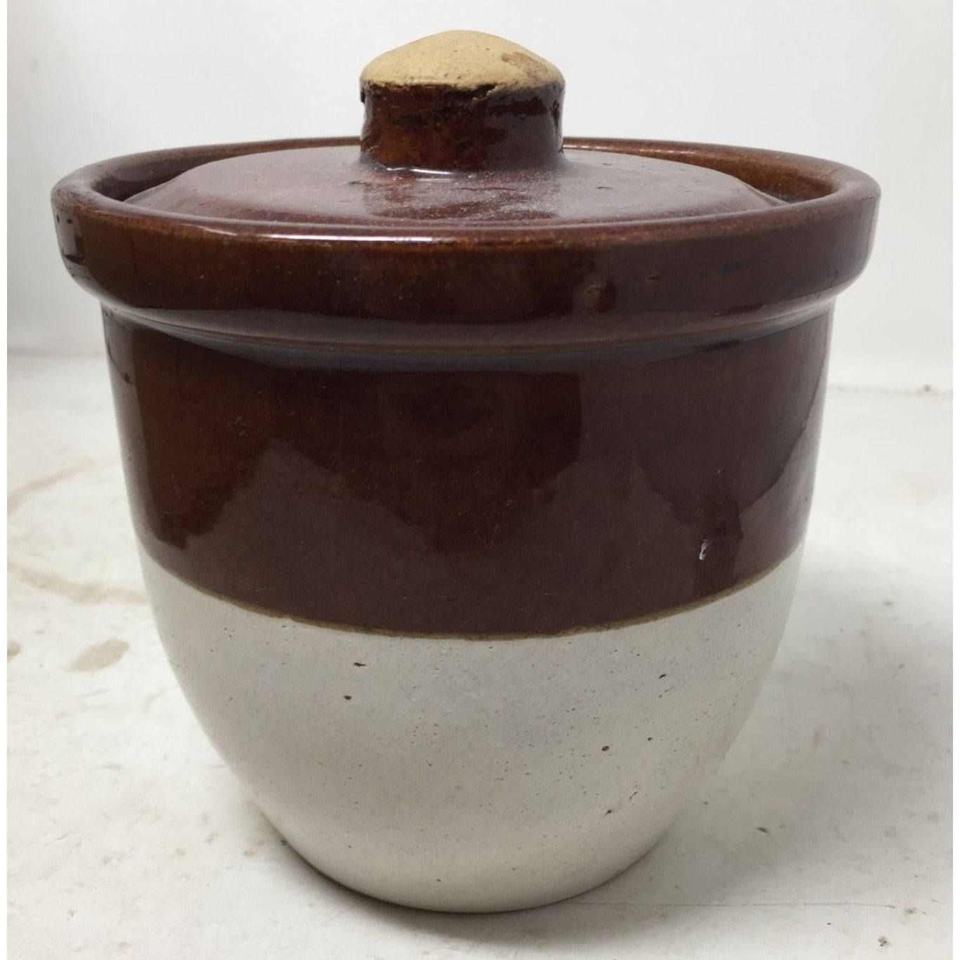 Vintage Brown/White Stoneware Pot With Lid- About 5-6" Inches Tall