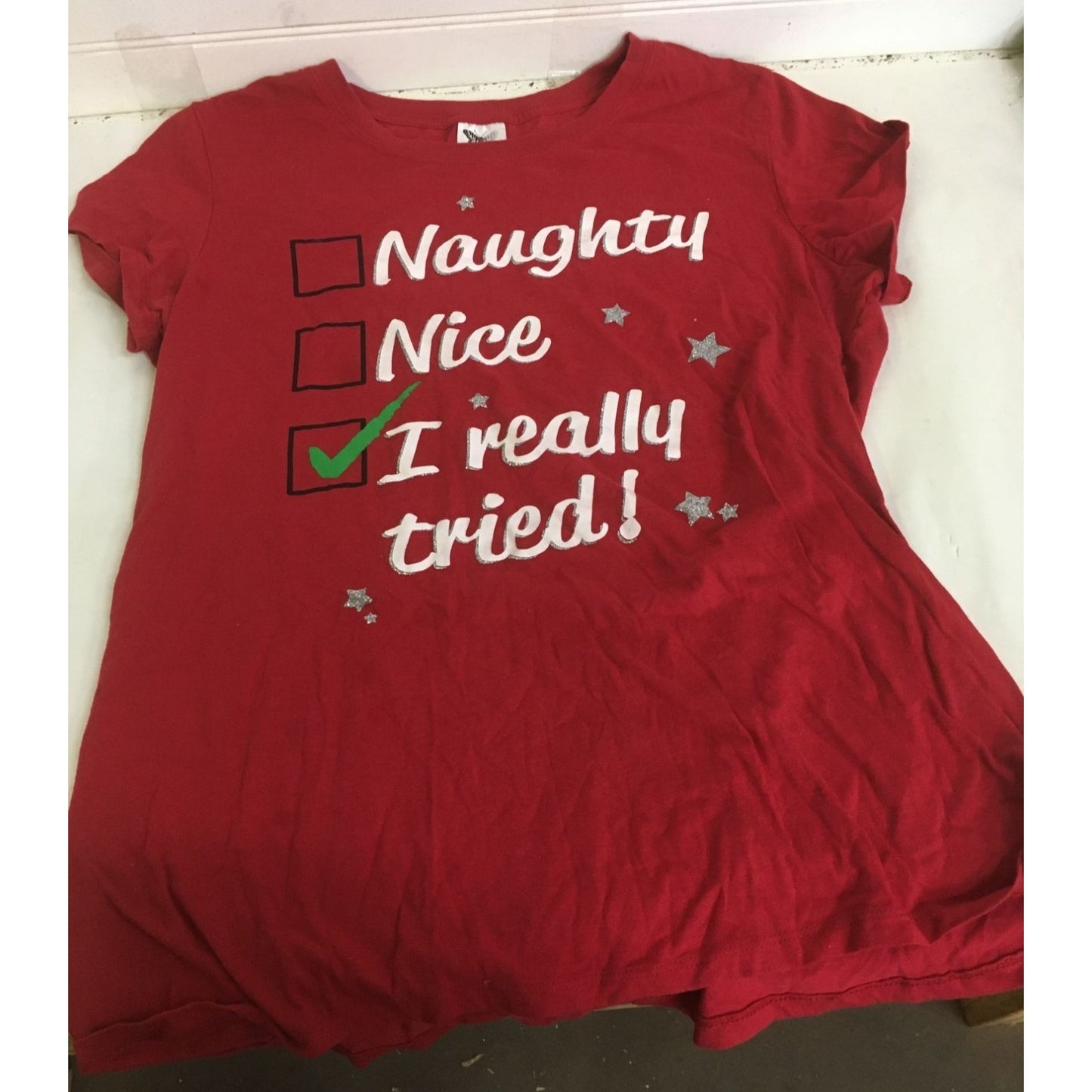 Women's "Naughty, Nice, I Really Tried" Red Christmas Tee Shirt Size XL