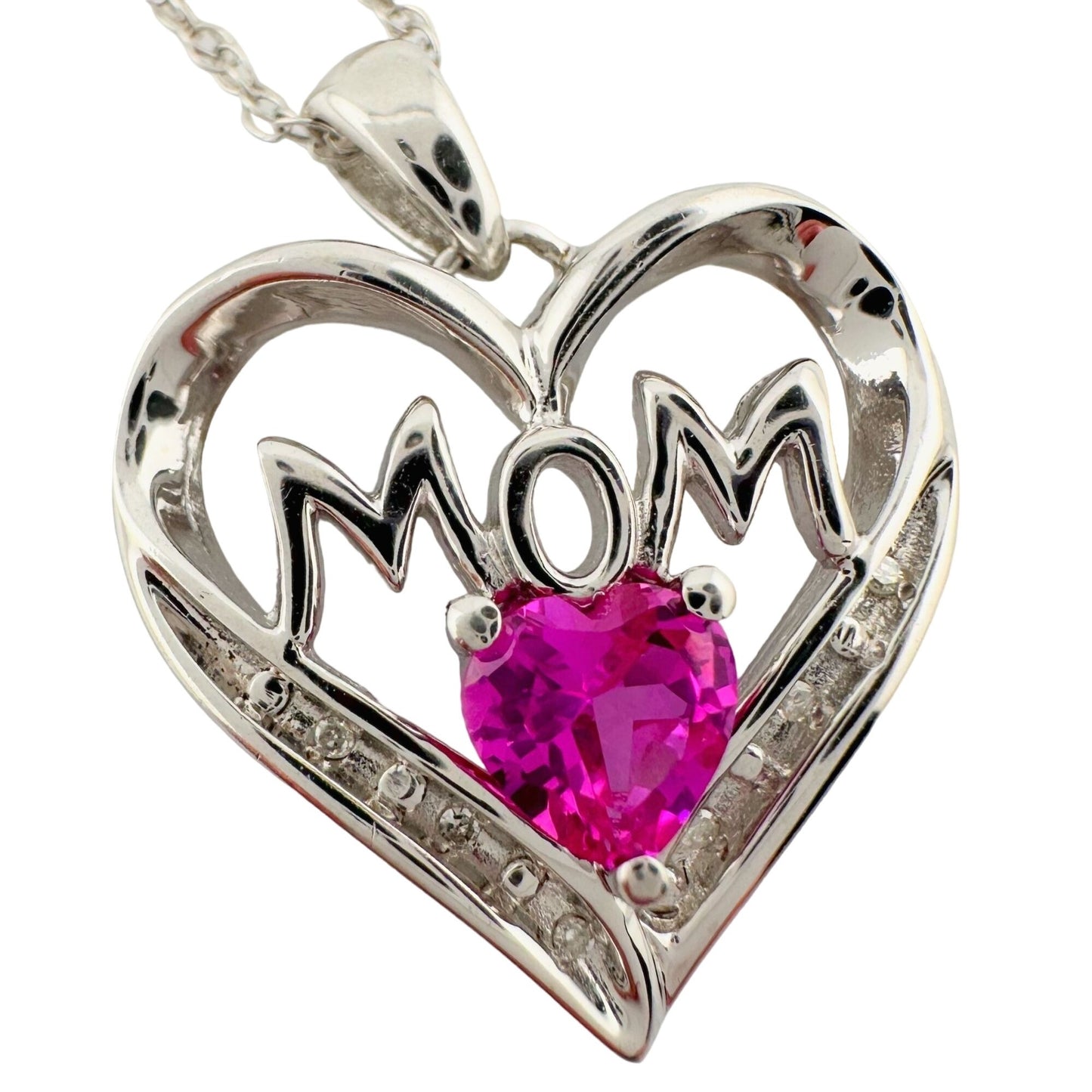 Bright and Beautiful "Mom" Neckace - Heart Shaped Lab Created Pink Sapphire - Sterling