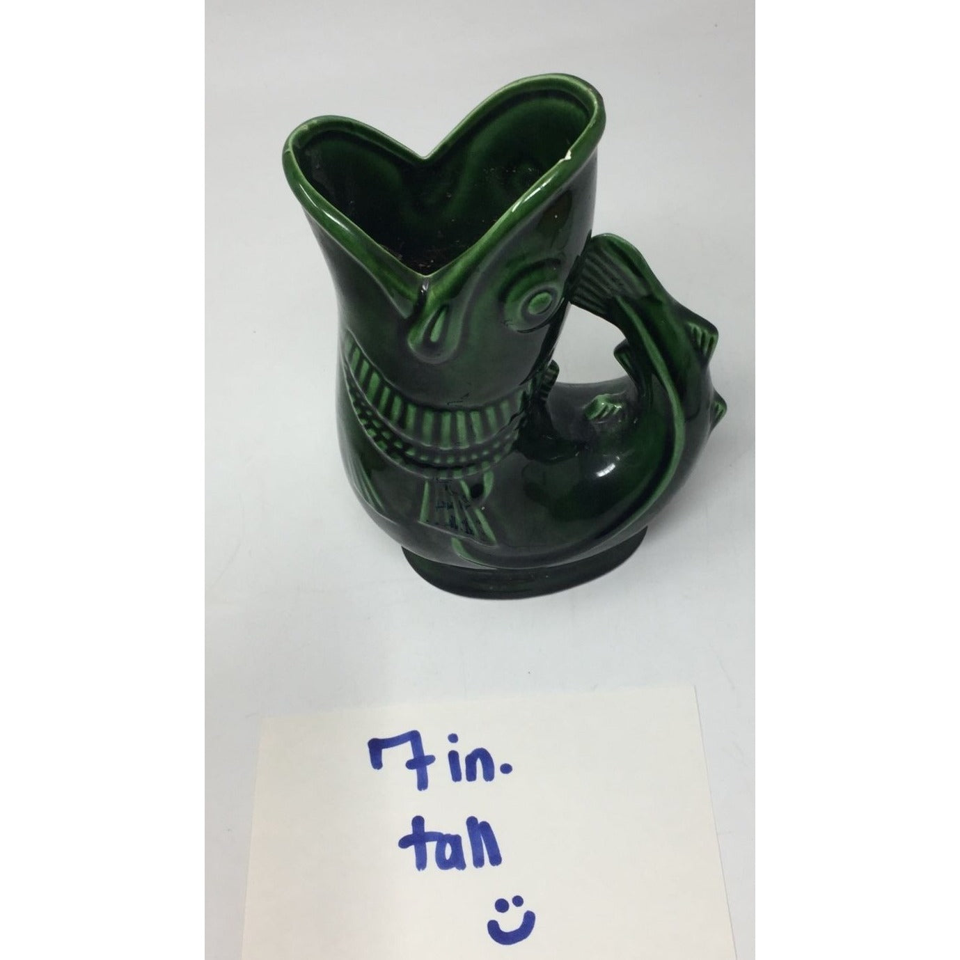 Vintage Green Ceramic Fish Pitcher/Vase- Made In Japan (about 7'' tall)