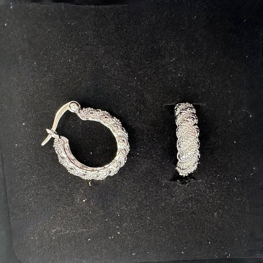 Holsted Jewelers Rhodium Plated Wide Detailed Hoop Diamond Earrings