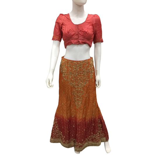 Women's Beaded Silk Orange & Red Crepe Lehanga Skirt & Shirt