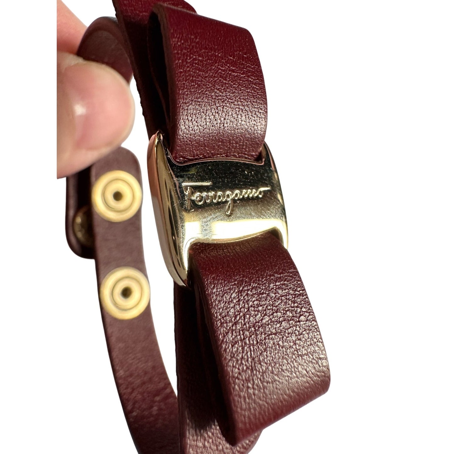 Salvatore Ferragamo Aubergine Leather Vara Bow Bracelet Deep Reddish Brown