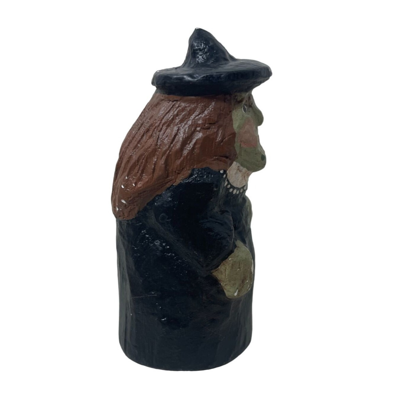 Small Miniature 3" Hand Carved Witch Figurine holding a Broom Stick, Wearing a Hat