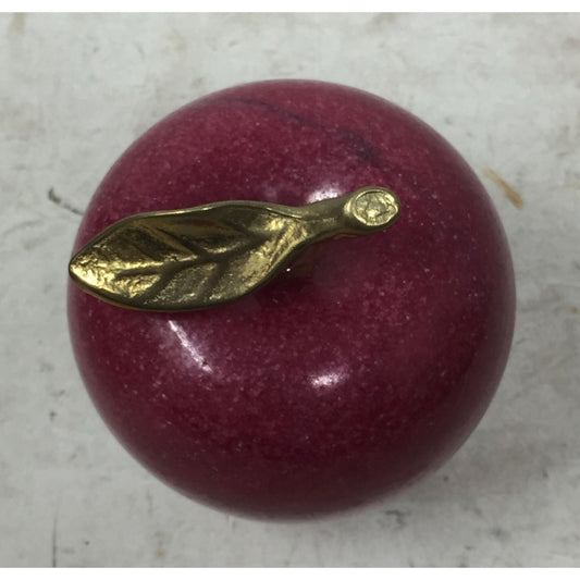 Vintage Polished Marble Red Apple with Brass Stem Leaf Heavy Paperweight