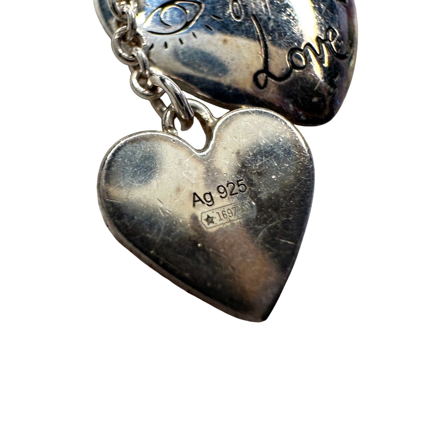 Gucci 'Blind for Love' Engraved Heart Bracelet w Rose Pink & Green Stones