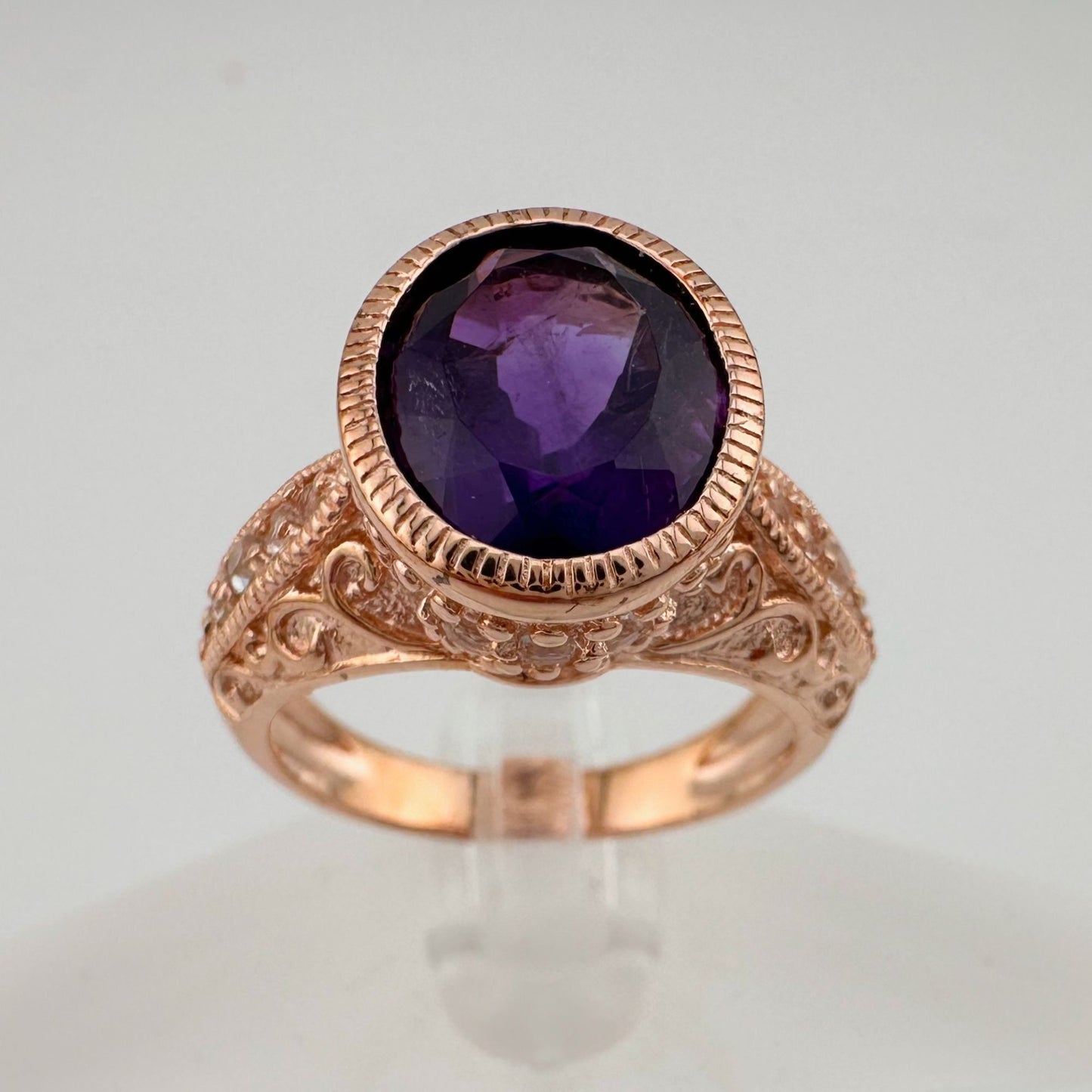 Enchanting 4.12 Carat  Natural Amethyst Designer Ring - SIze 7.25 - 14kt Rose Gold Overlay - Beautiful!