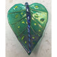 Handmade Art Glass Green, Blue, Yellow Shiny Leaf Dish- Made in 2006- Writing on bottom