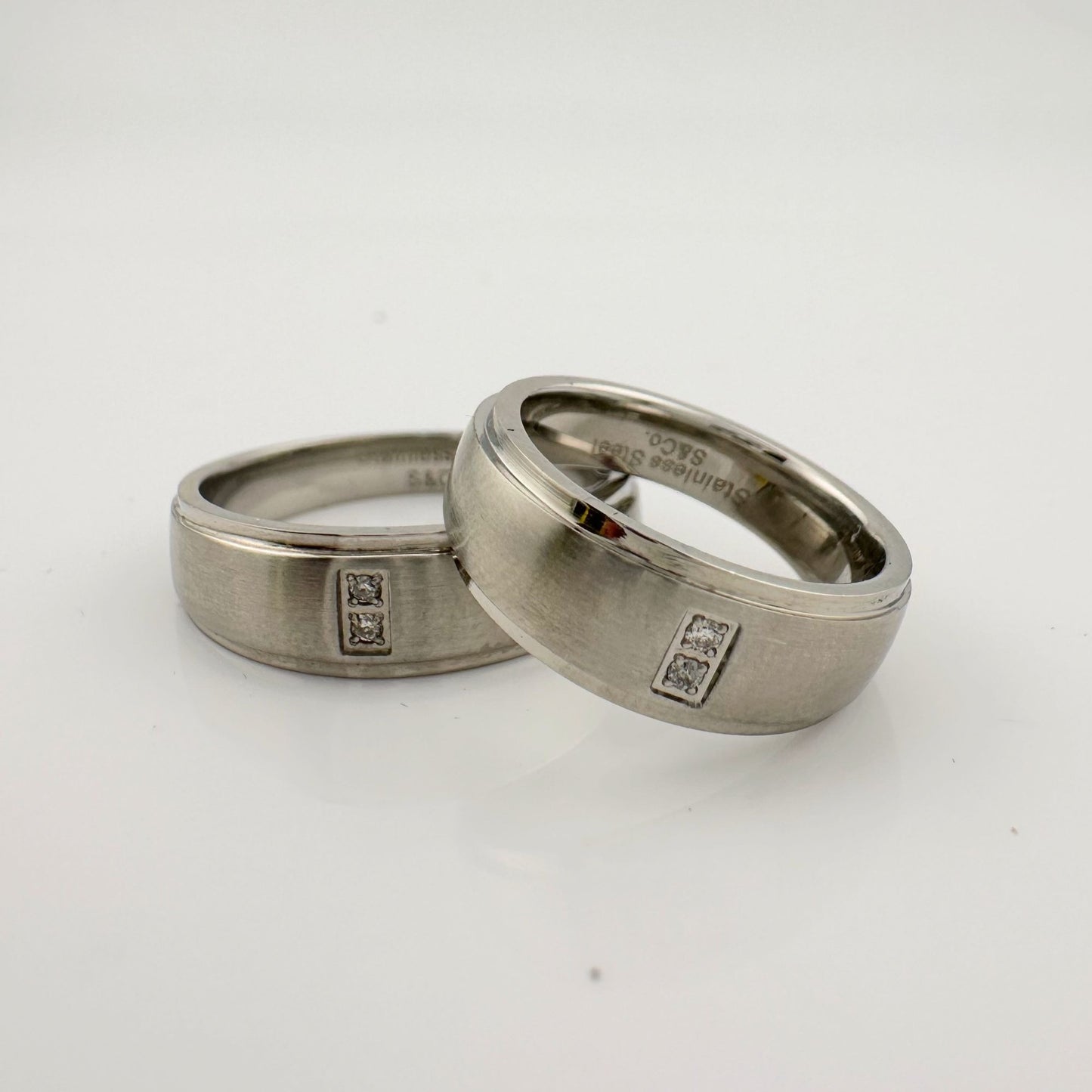 His and Hers Stainless Steel Diamond Wedding Band Set (Size 5 & Size 10)