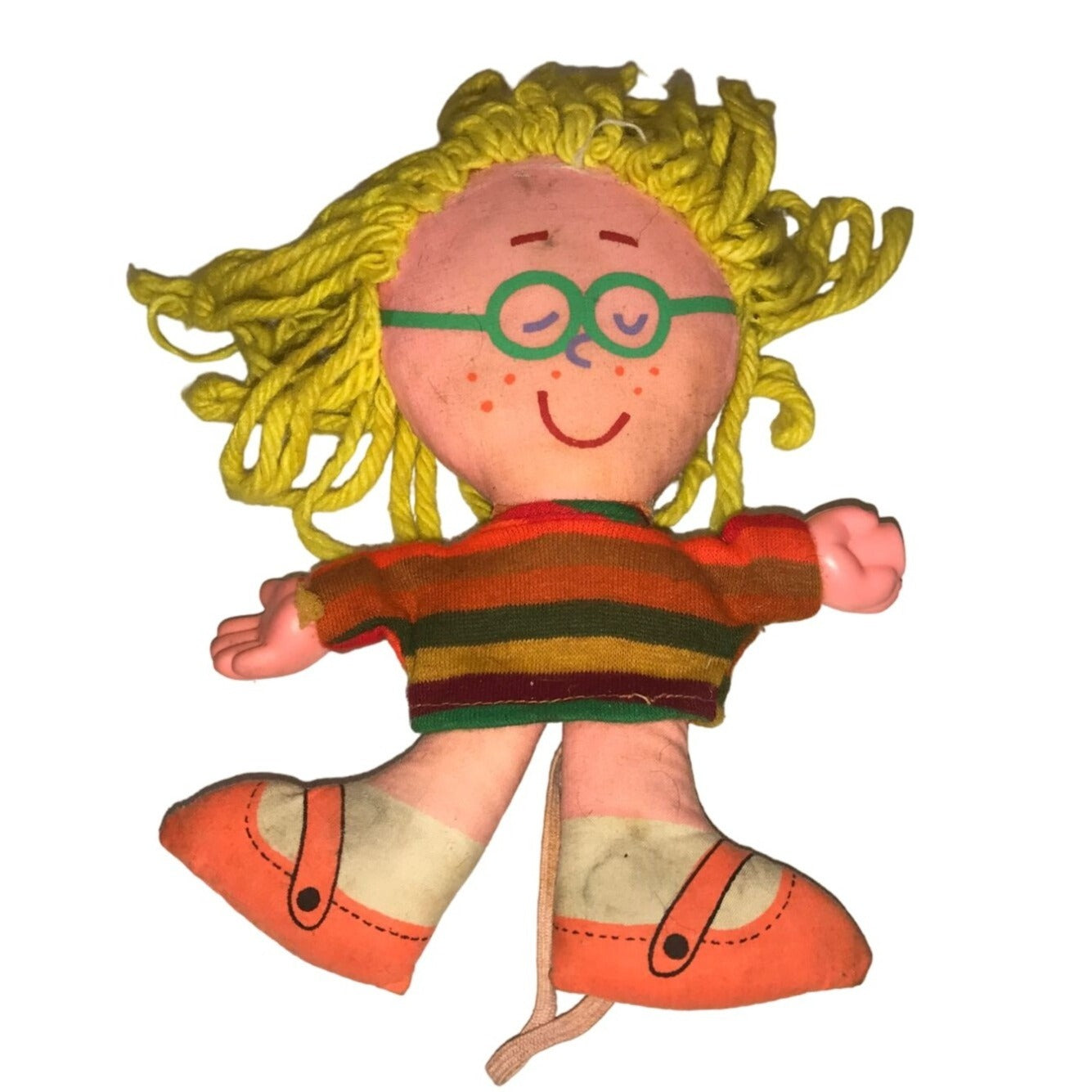 Vintage 1970s Rag Doll with Yellow Yarn Hair, Wearing Green Glasses & Striped Dress