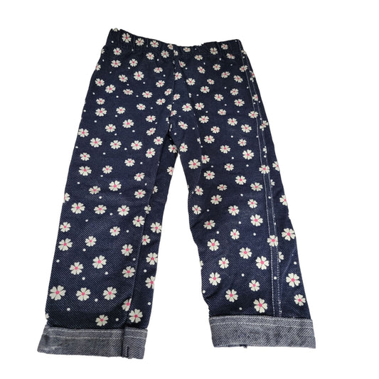 Girl's Flower Printed Navy Blue Long Pants Size 4T