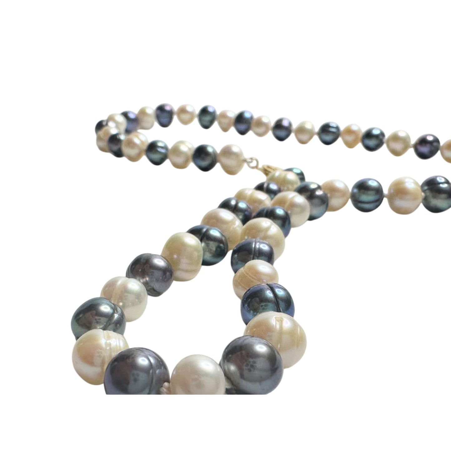 14kt Gold Hand Knotted 7mm Peacock Black (Bluish) & White Pearl Necklace 17"
