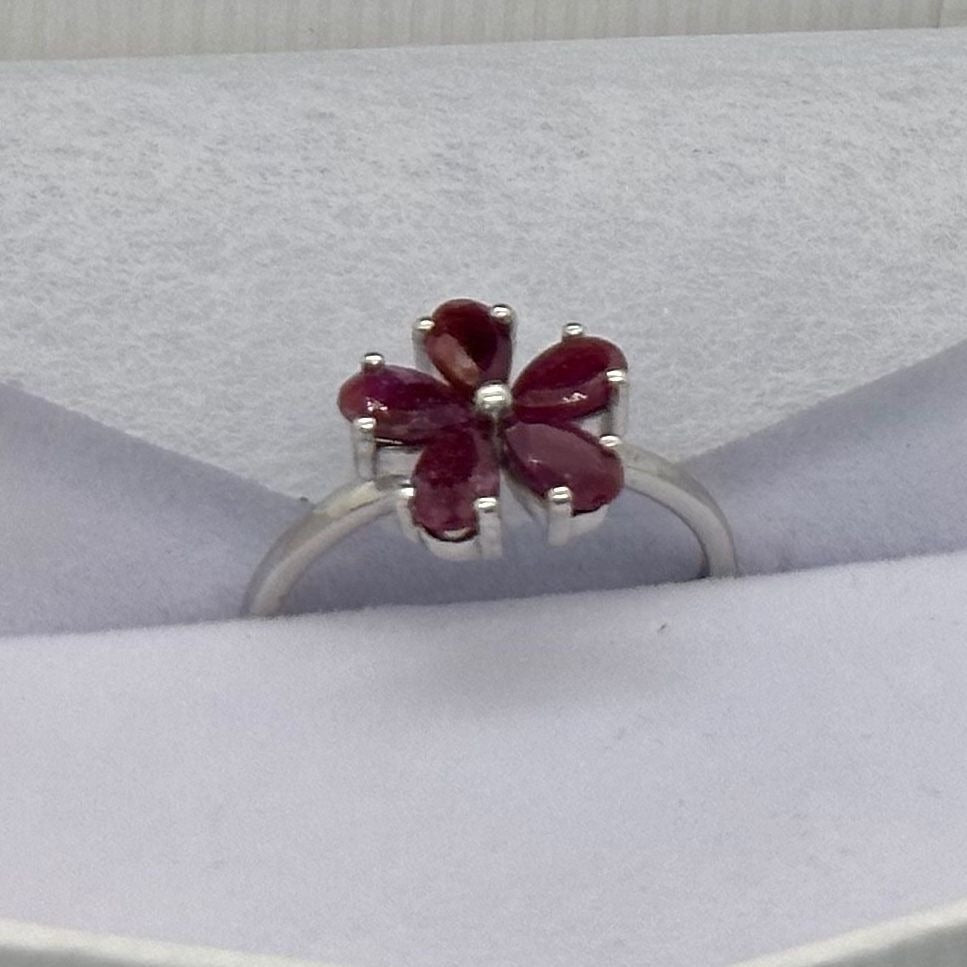 Natural Ruby Flower Ring -  Sterling Silver  - Size 7.75 - Simply Beautiful!