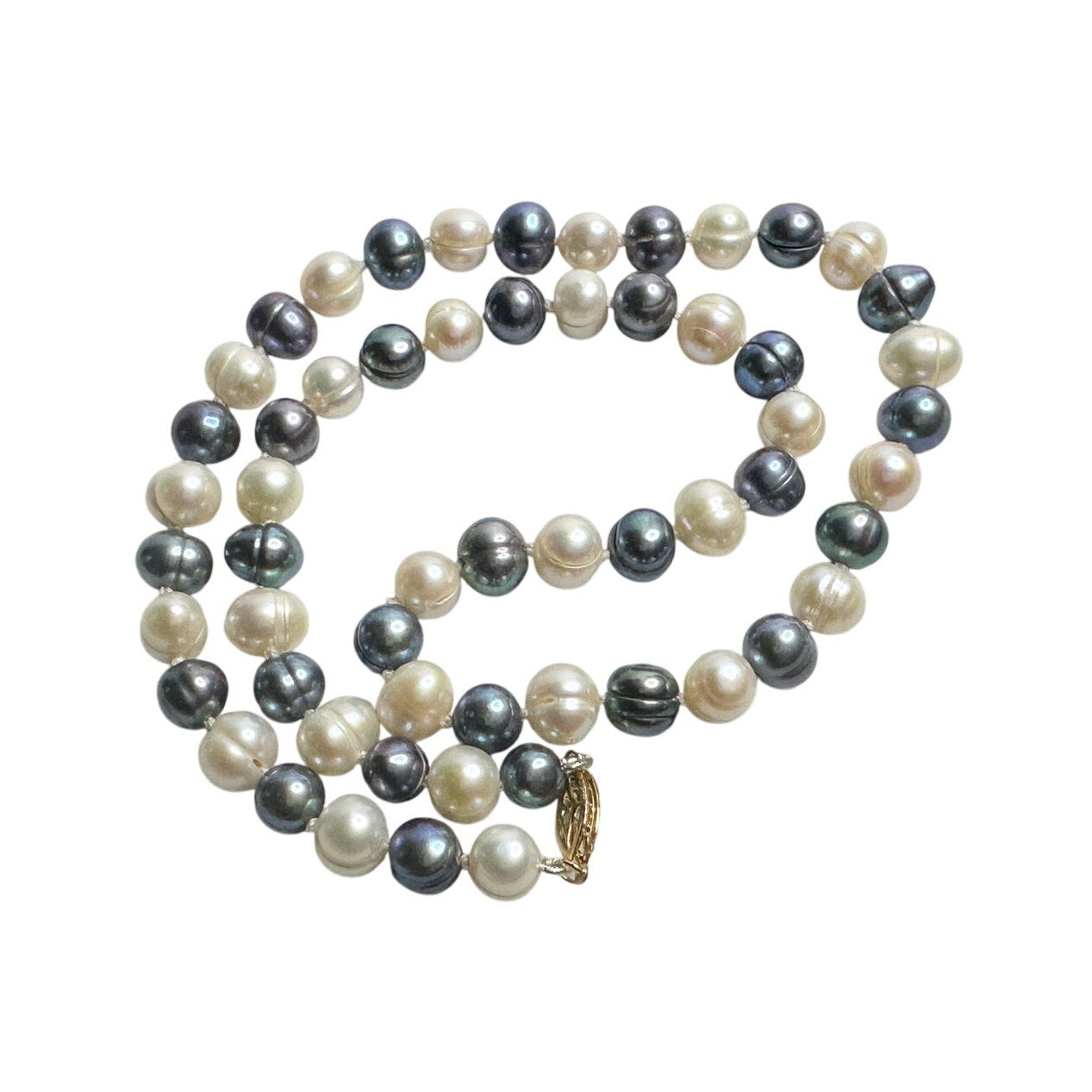 14kt Gold Hand Knotted 7mm Peacock Black (Bluish) & White Pearl Necklace 17"
