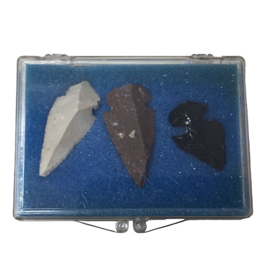 Vintage Hand Chipped Stone Arrowheads (3) in Small Clear Case