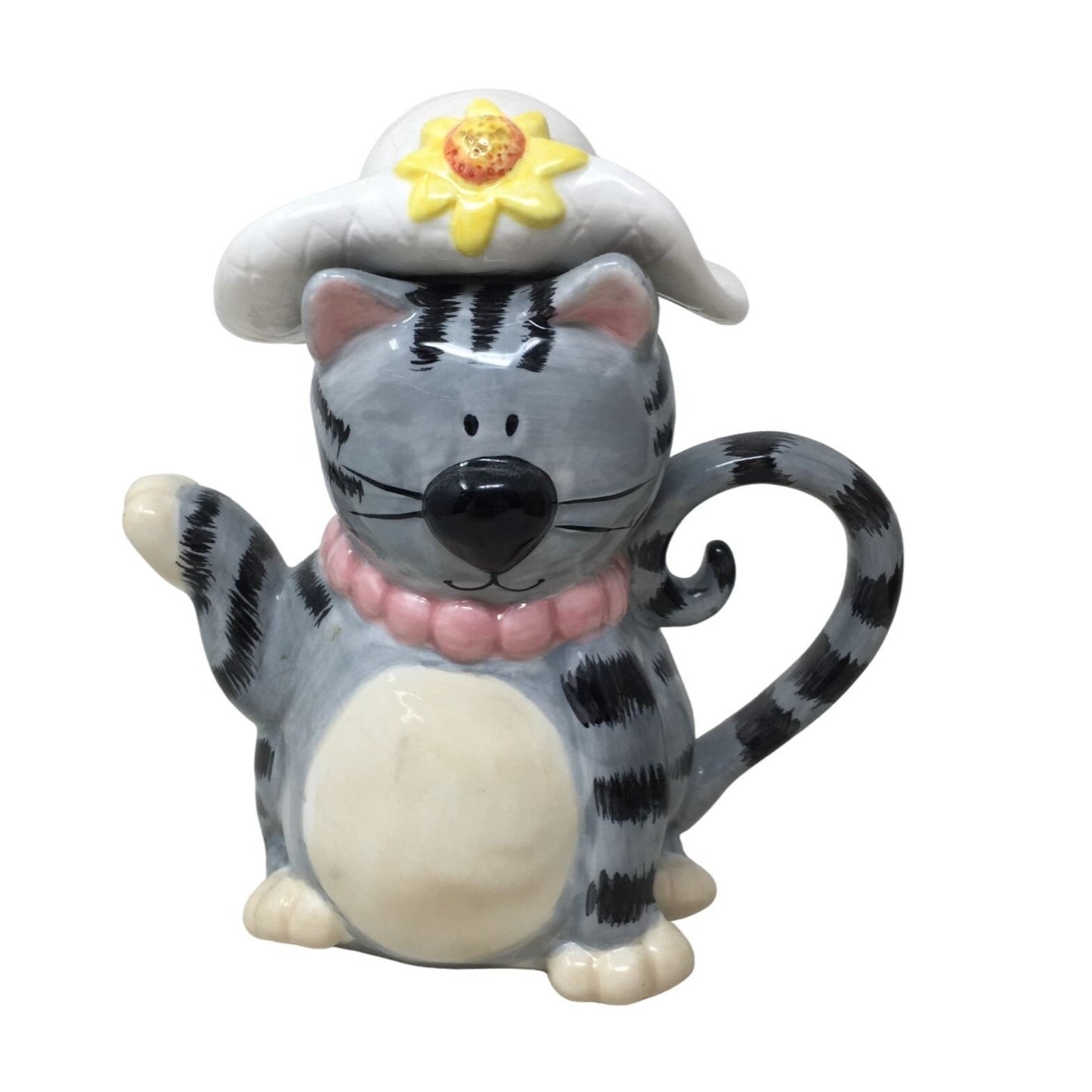 Fun Novelty Cat Pitcher / Pourer - Cute Gray Cartoonish Tabby Cat with White Sunhat and Pink Necklace