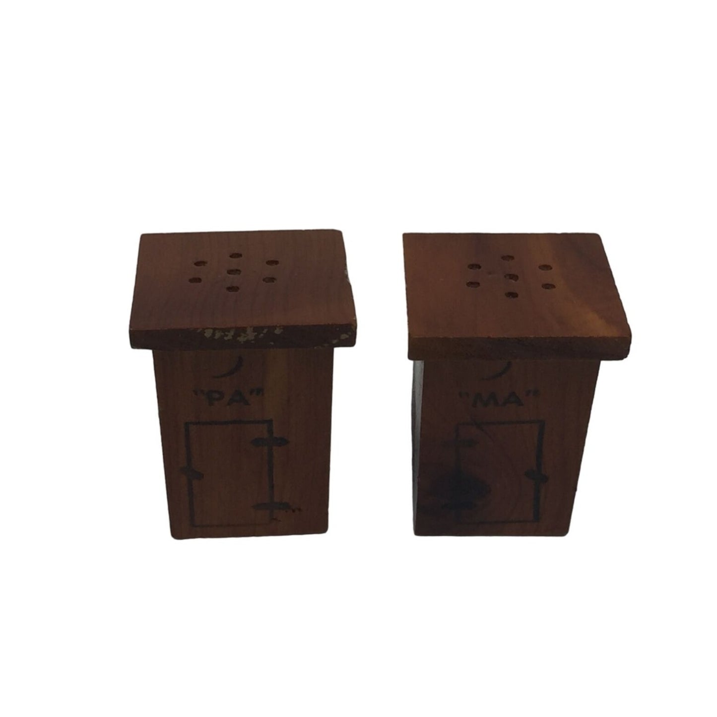 Vintage Brown Wooden Outhouse Pa and Ma Salt and Pepper Shakers