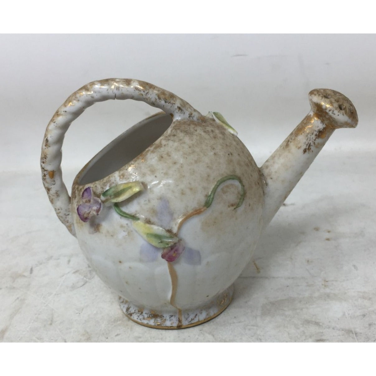 Vintage Napco #565 Ceramic Ball Shaped Watering Can 3D Hand painted Flowers