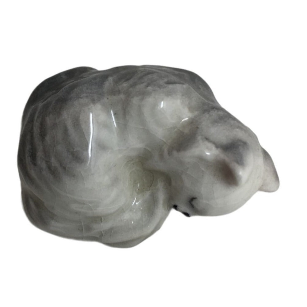 Small Miniature Gray and White Cat/Kitten Curled Up and Sleeping Figurine