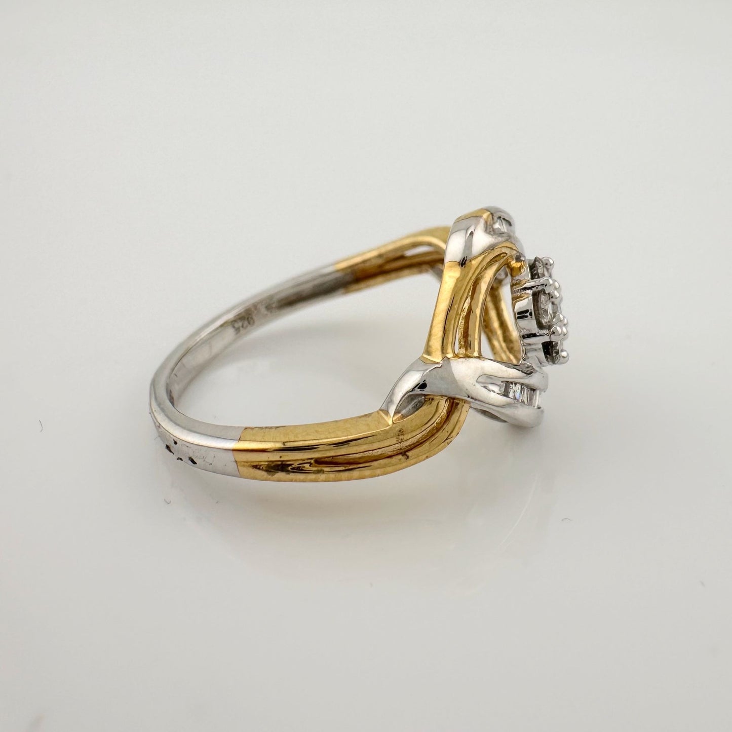 Beautiful 1/4 ct Diamond Ring Baguette and Flower Cluster with Two-Tone Sterling Band Size 7