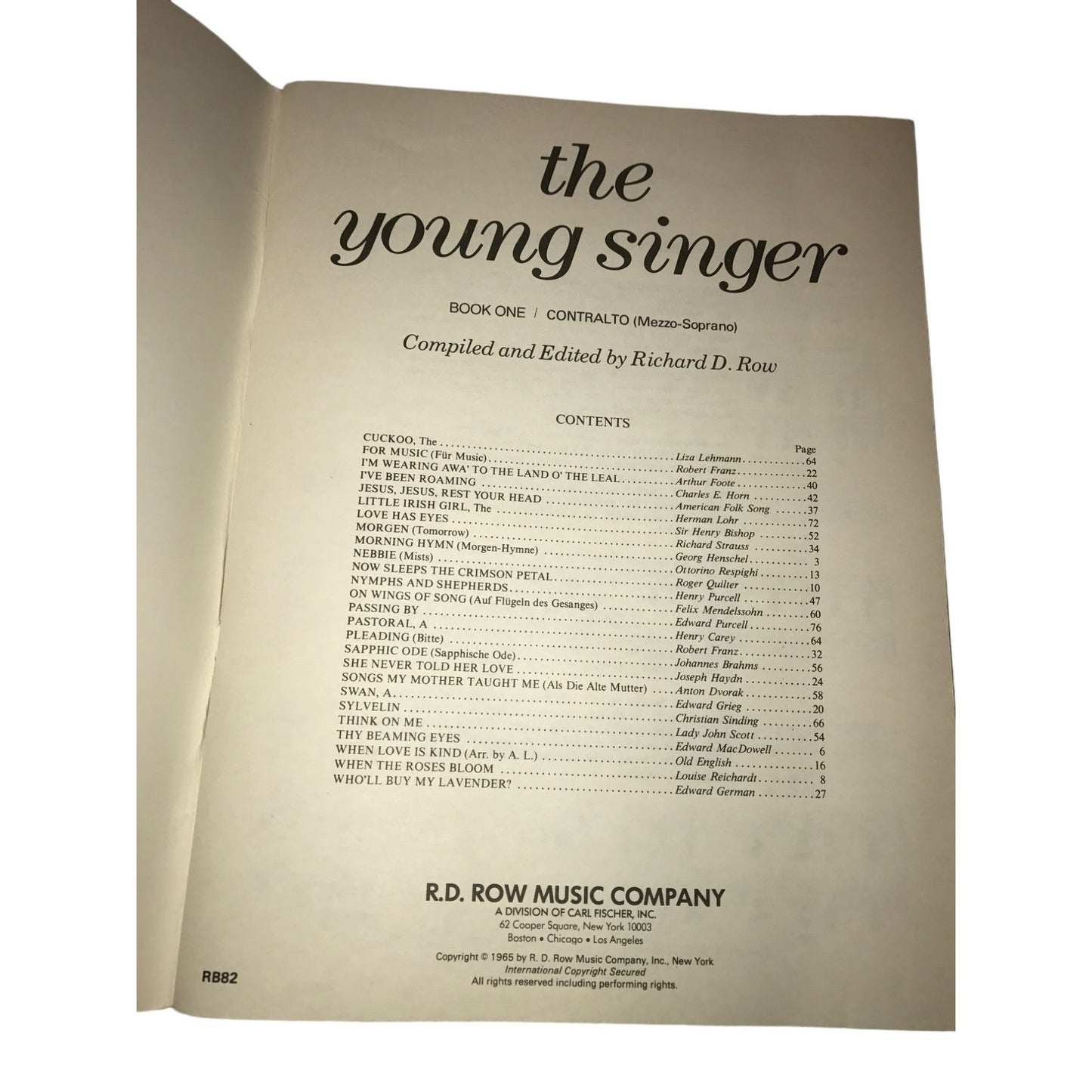 The Young Singer - Book One - Contralto R.D. Row Music Company Songbook