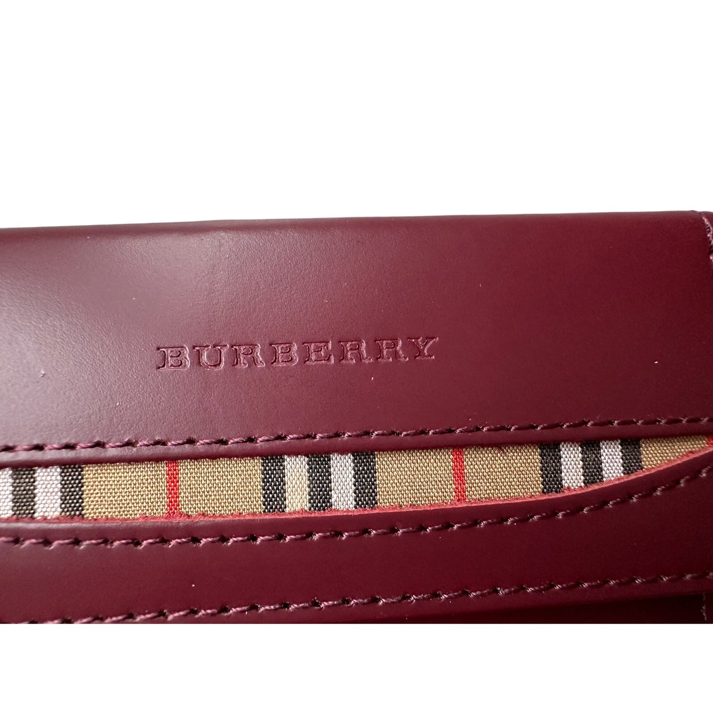 Burberry Burgundy Leather Key  Holder with Nova Check Accents