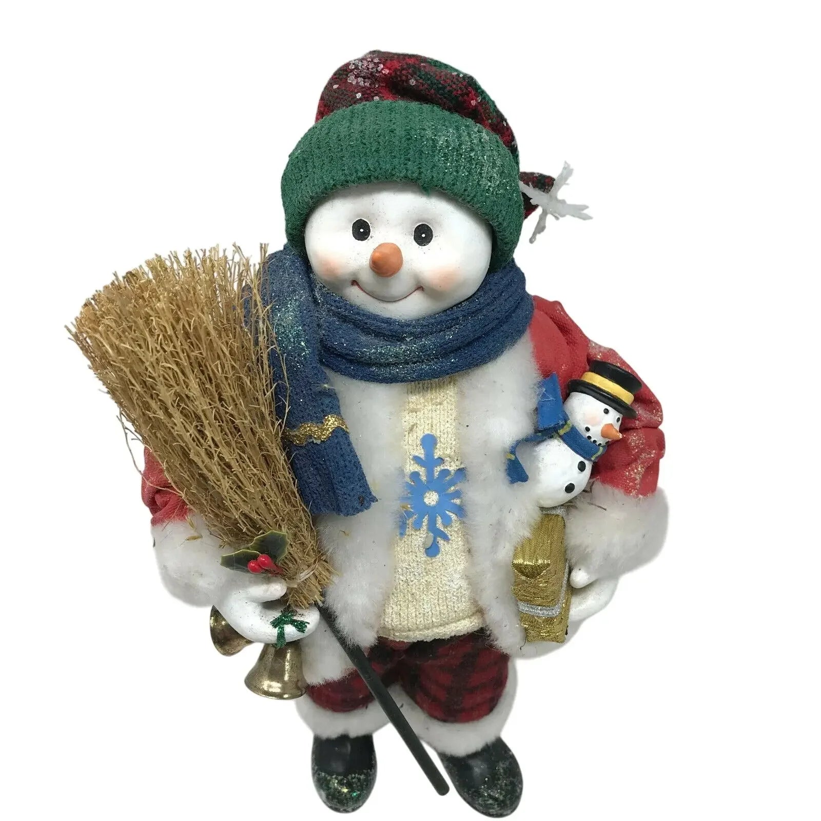 Smiling SNOWMAN with Broom and Bell CHRISTMAS Decor Holidays Xmas A+ Stuff