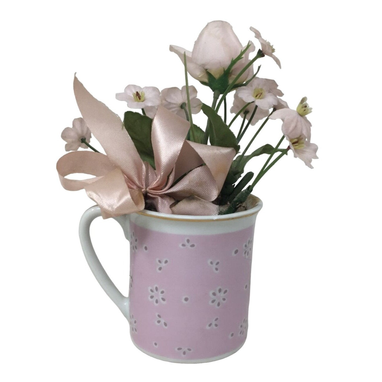 Small Faux Flower Bouquet in Pink Handled Mug that Says "A Baby is Love"