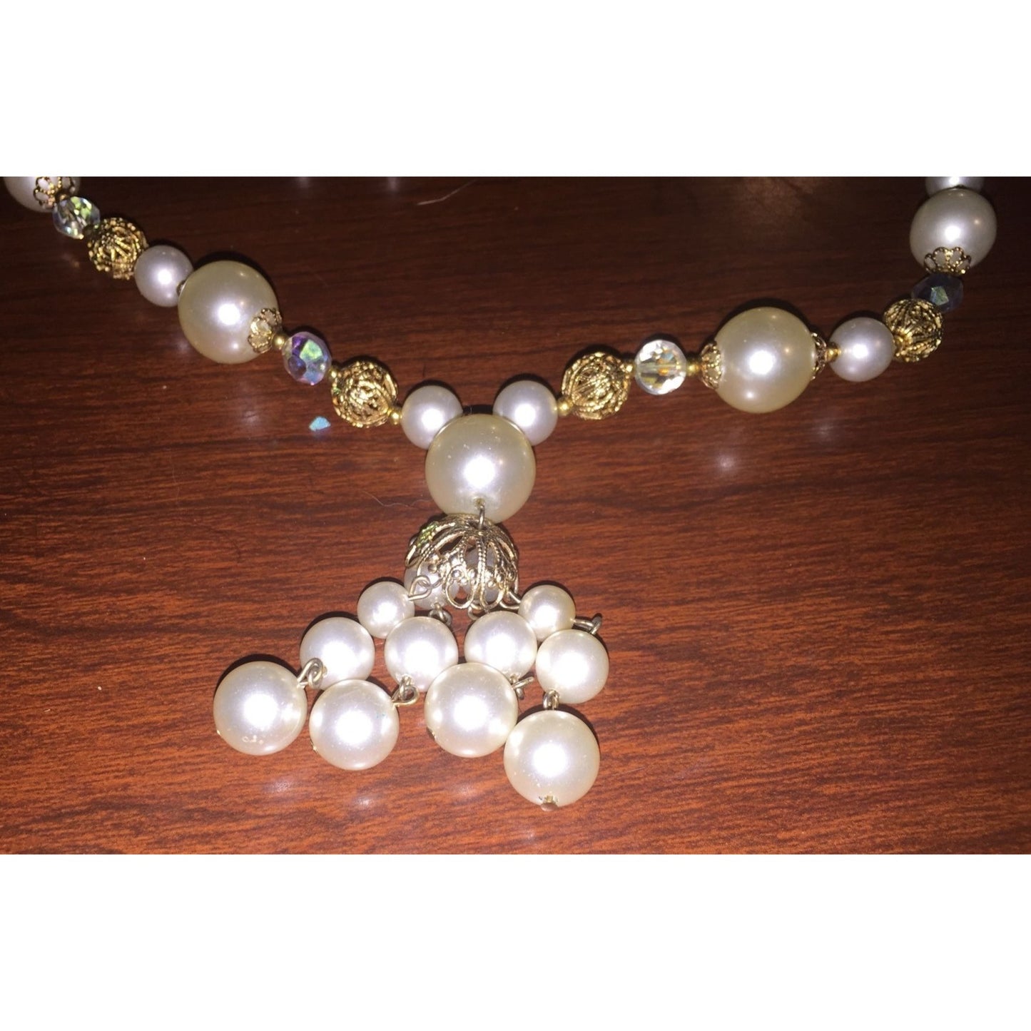 Womens Faux Pearl and Crystal Drop Necklace with 2 Pairs of Earrings