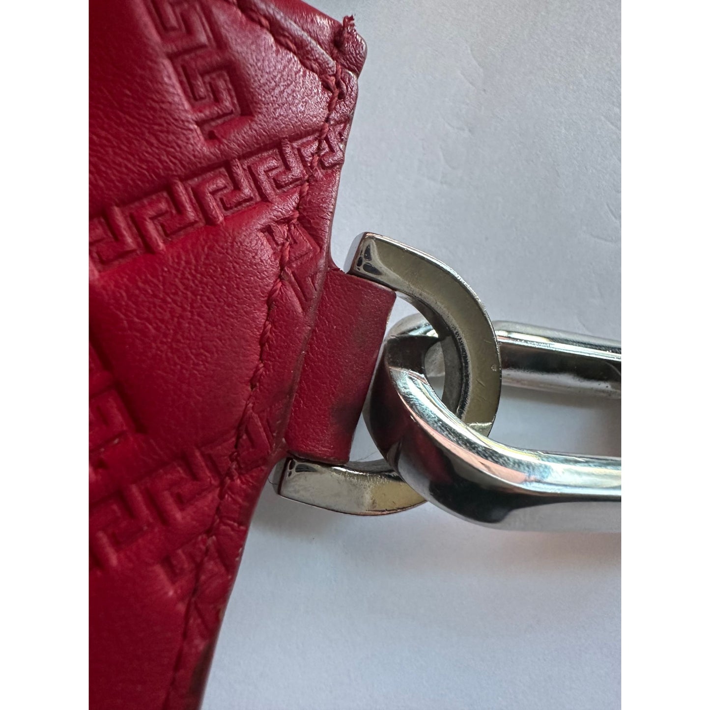 Versace Large Red Logo Print Leather Wristlet Clutch