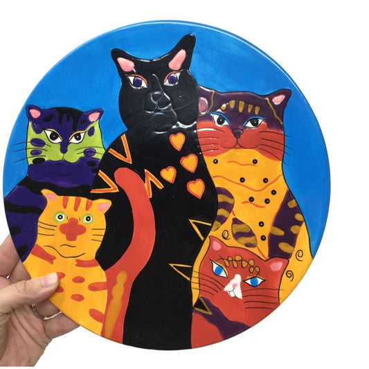 Abstract Art Decorative Cat Plates - 3D Texturing -  10"  & 8" - Bold Colors