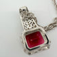 4.10 Carat Emerald Cut Ruby Designer Pendant - Sterling Silver Setting & Chain - Beautiful Filagree Detailing