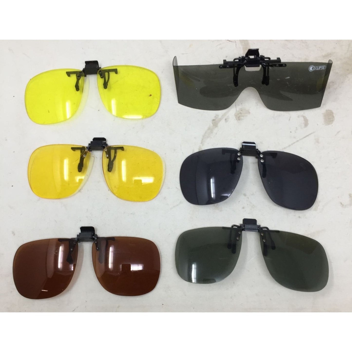 Clip On/Flip Up Sunglasses Lenses (6 Total) (3 Black/Gray, 2 Yellow, 1 Brown)