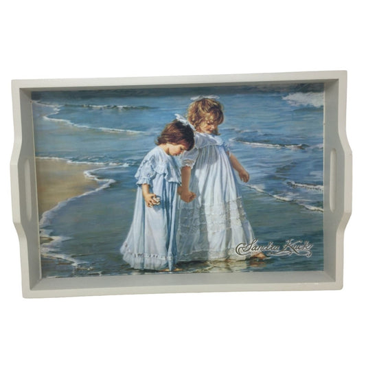 Girls Collecting Shells on the Beach Scene Serving Tray - Sisters on the Beach - White Wood Frame Sandra Kuck