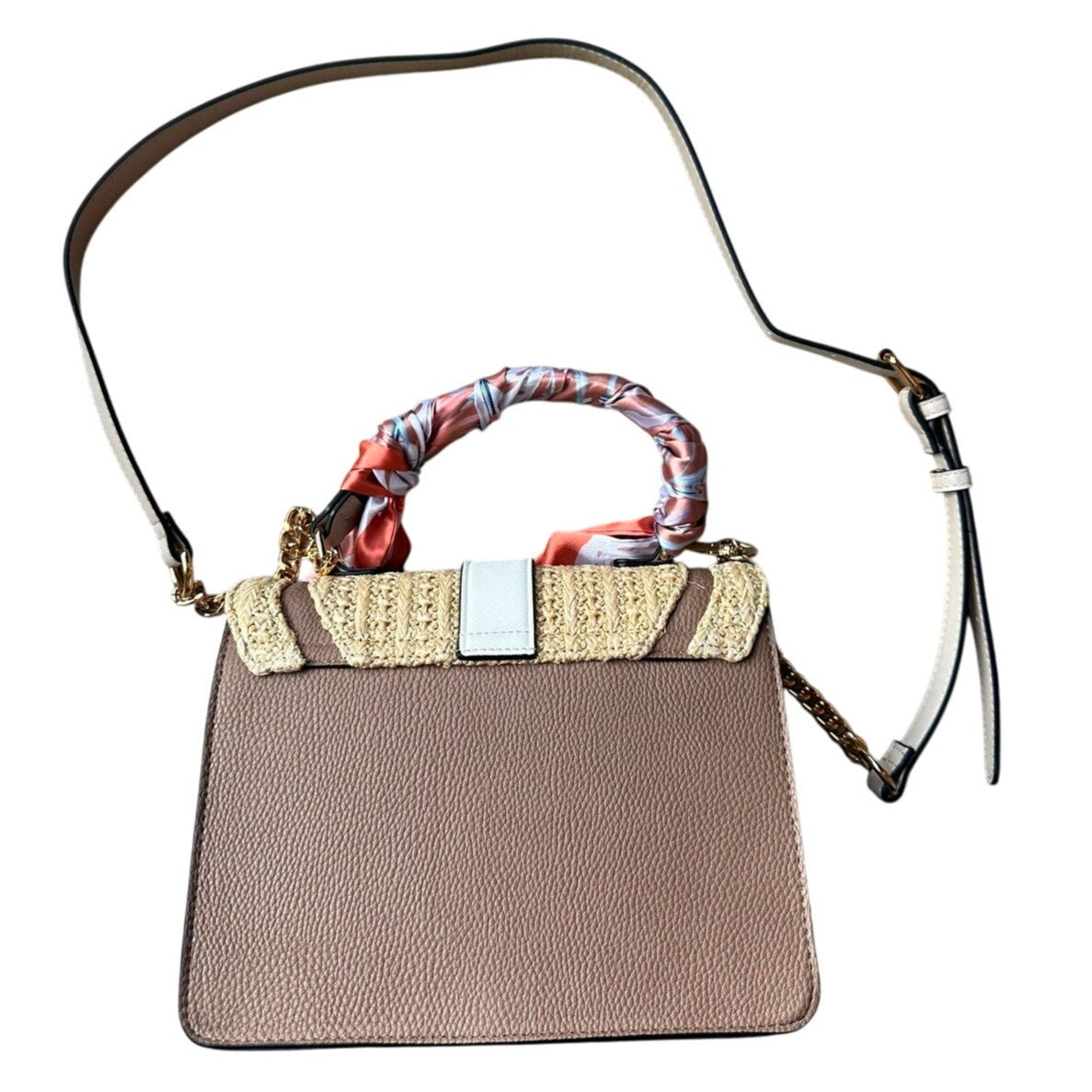 ALDO Satchel Beige & Taupe Straw Flap Bag with Melon Pink Twilly