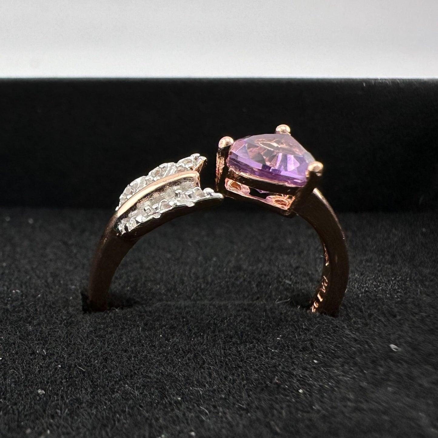 Beautiful Trillion Cut Purple Amethyst Arrow Ring  14kt Rose Gold Overlay Sterling Silver - Size 7