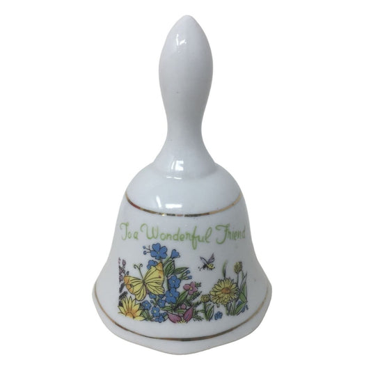 "To A Wonderful Friend" White Hand Bell with Butterflies and Flowers printed on it