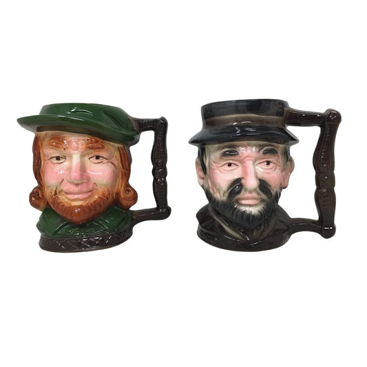 Set of 2 Vintage Men's Face Mugs w/ square handles - Green Irish Red beard and black mustache and beard A+ Stuff  A+ Stuff
