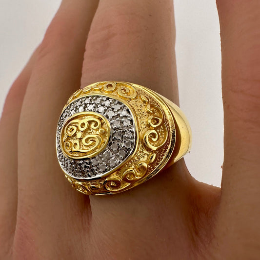 Gold and Silver Statement Ring with Ancient Motif - Size 7.5