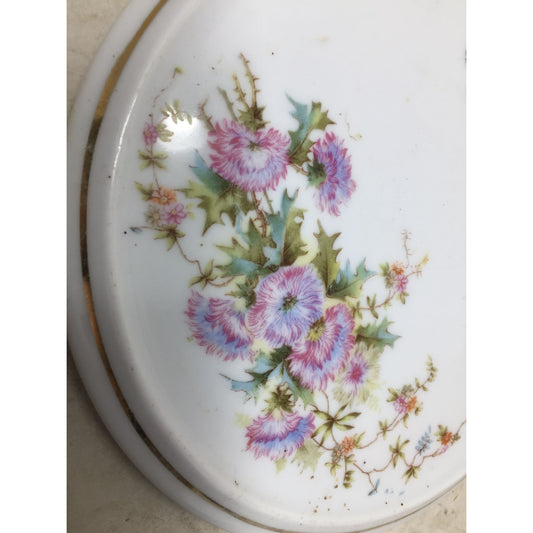 Small Trivet/Plate with Gold Rim and Purple/Pink Flowers on it