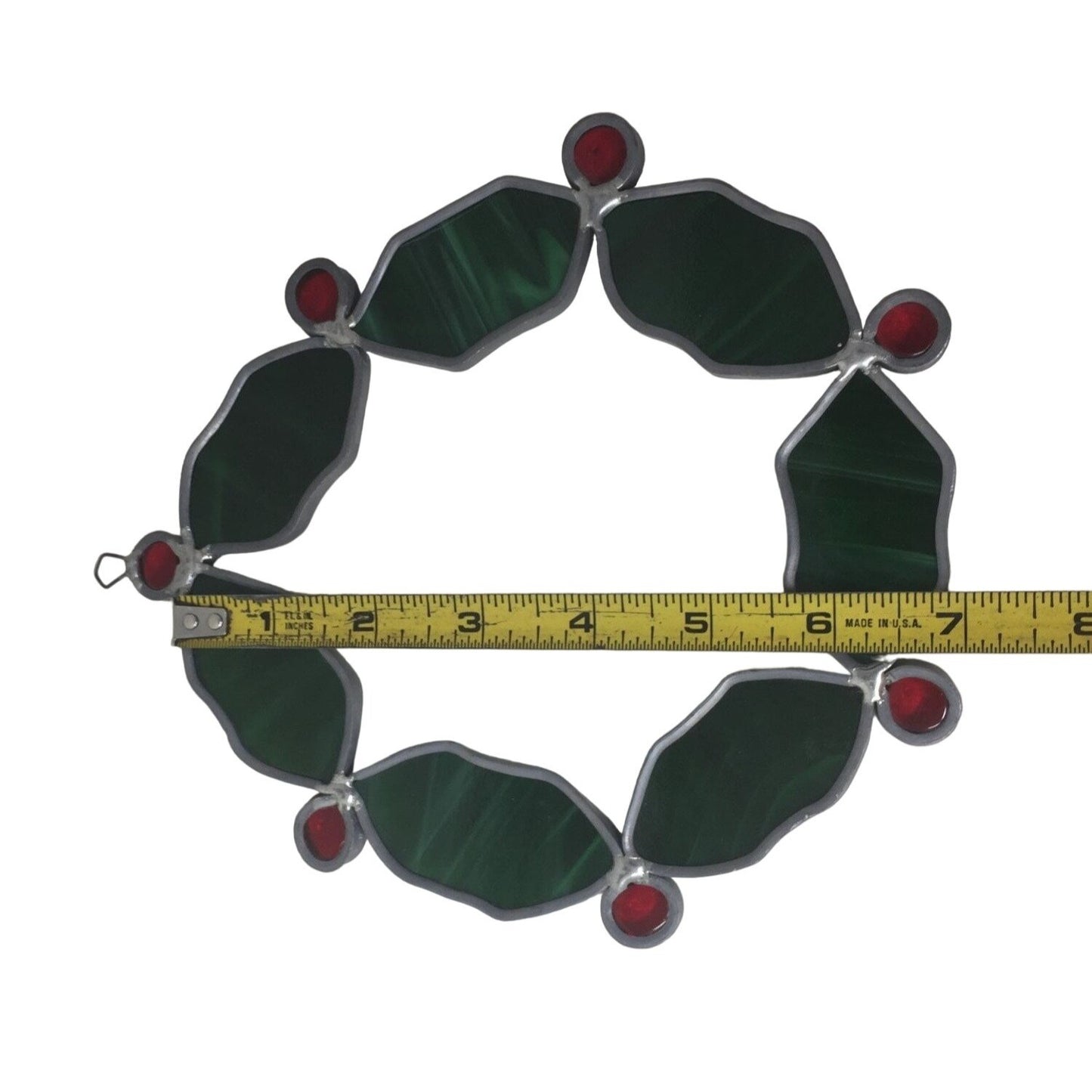 Vintage 1992 Red/Green Stained Glass Holiday Christmas Holly Wreath Window Hanging Ornament