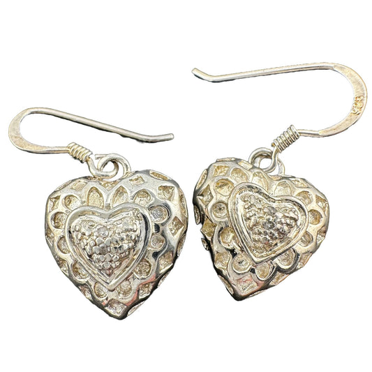 Sterling Silver Heart Dangle Earrings with Small Genuine Diamond in Center