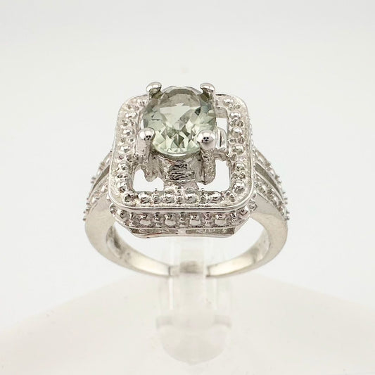 Beautiful Natural Light Green Amethyst Ring with small Diamond - Sterling Silver Size 6