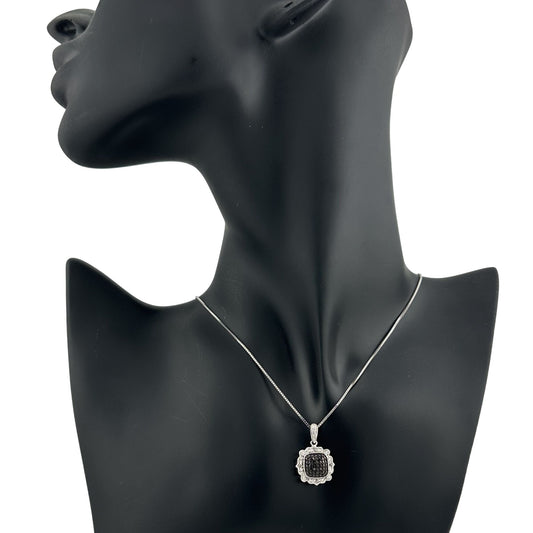 Beautiful  Black and White Diamond Cluster Pendant with 20" Sterling Chain