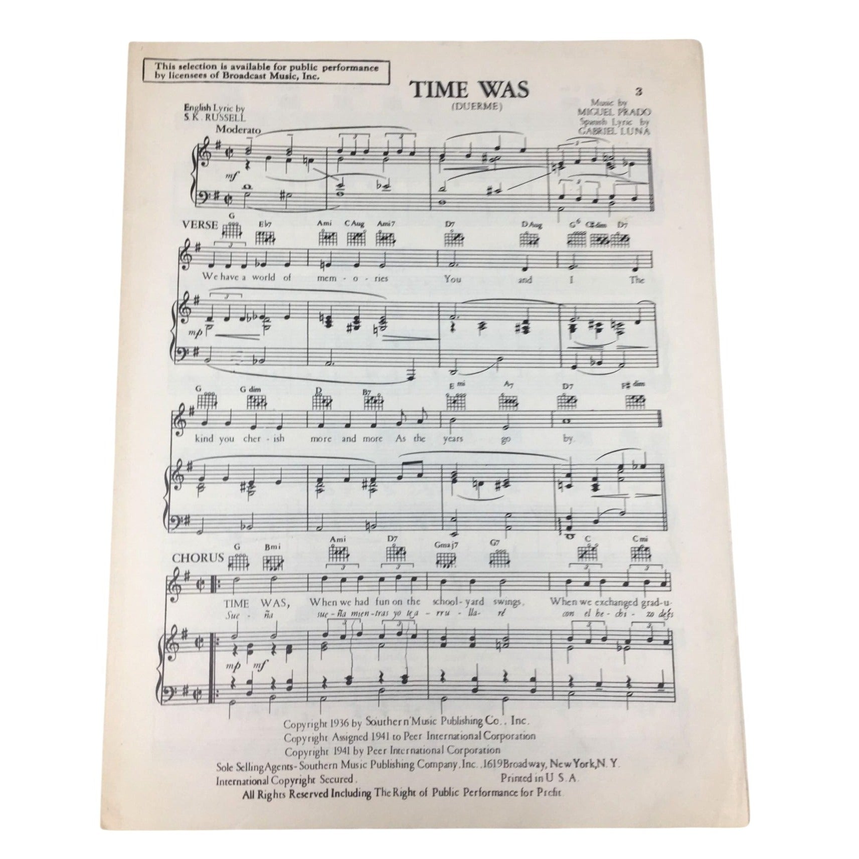 Vintage Sheet Music Piece for the Song "Time Was (Duerme)" unbranded  A+ Stuff Sheet Music
